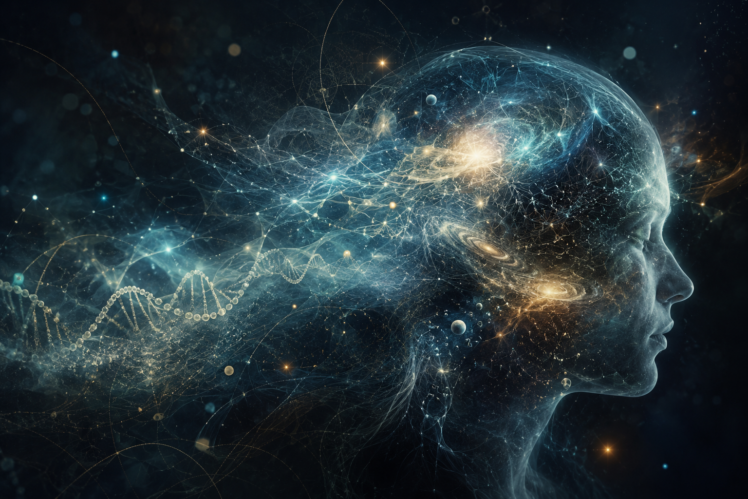 A human profile dissolving into neural and cosmic patterns